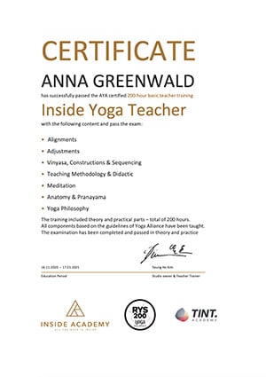 Inside Flow TINT Yoga Academy Certificate